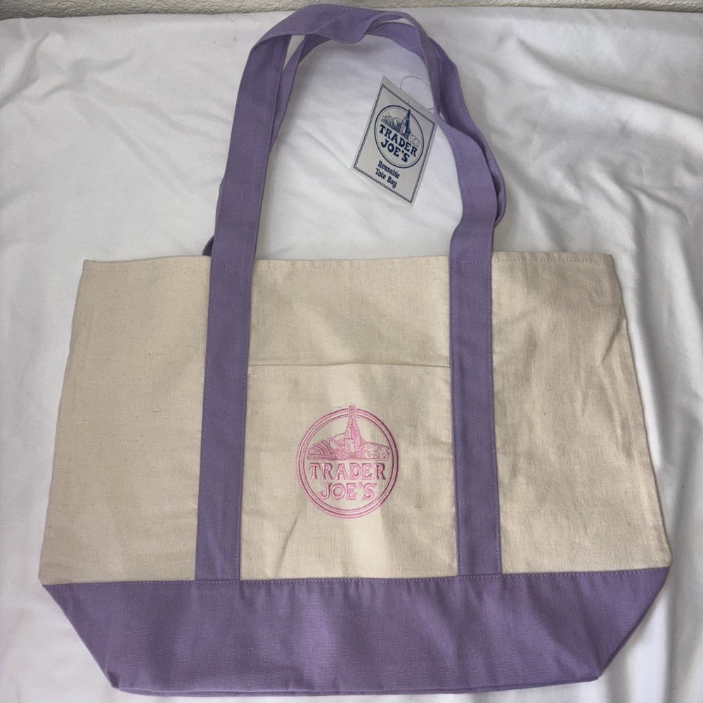 LARGE Trader Joe's Large Pastel Canvas Reusable Tote Bag Lavender